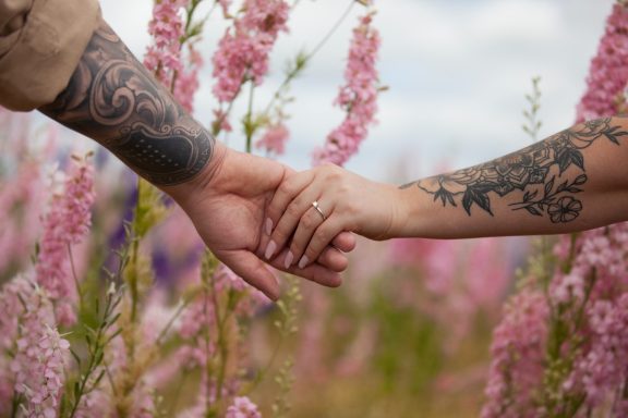 Two hands intertwined amidst pink flowers in a field.