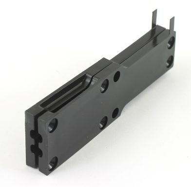 Black metal mounting bracket with multiple holes and slots for installation.