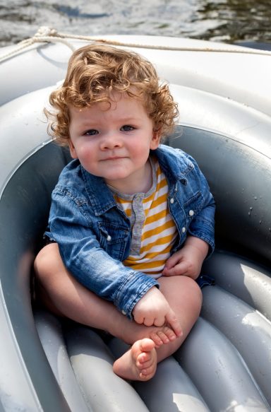 A cheerful toddler with curly hair sits in an inflatable boat by the water.