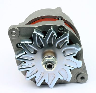 Silver alternator with a fan-like design, mounted on a grey casing.