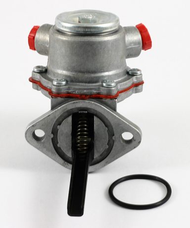 A metallic valve with red fittings and a rubber O-ring, used in automotive applications.