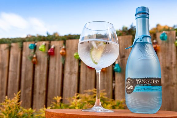 A glass of gin and tonic with a slice of lime next to a gin bottle on a wooden background.