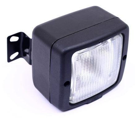 Square black floodlight with a clear lens, mounted on a bracket.