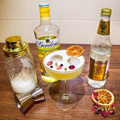 A cocktail with dried fruit garnishes, surrounded by a shaker and tonic water bottle.